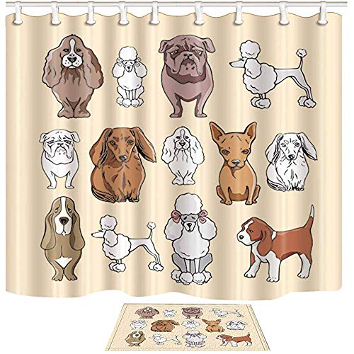 Churchill Conjunto de Cortina de Ducha Animal 12 Perros de Raza Tela de baño 72 * 72 Pulgadas Diseño de decoración con Ganchos Impermeable con Alfombra de baño de 40 x 60 cm