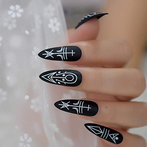 CSCH Uñas postizas Uñas artificiales de acrílico mate extralargo Bruja negra Decoración de Halloween Uñas falsas curvas Consejos largos de manicura