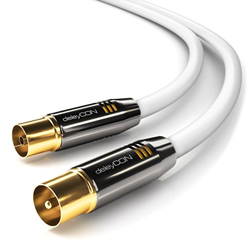 deleyCON 20m TV Cable de la Antena Coaxial Cable de TV 100dB 4K Ultra HD UHD HDTV Full HD - Enchufe de TV a Toma de TV - Conector Metálico - Analógico Digital - Blanco