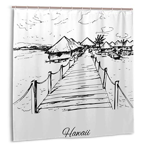 Dfform Impermeable Cortina de Ducha,Boceto Estilo Hawaii Dock Tiki Huts Bungalows Árboles Tropicales Beachy Boho Design,Impermeable y Opaco con 12 Ganchos