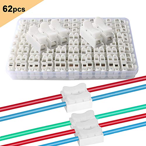 FULARR 62Pcs Conectores Cable Resorte, Conector Resorte Conector Rápido Kit, Conector de Bloque Terminal de Clamp de Cable Eléctrico, para Conectar Tiras de Luz LED –– 50Pcs CH2 + 12Pcs CH3 –– Blanco