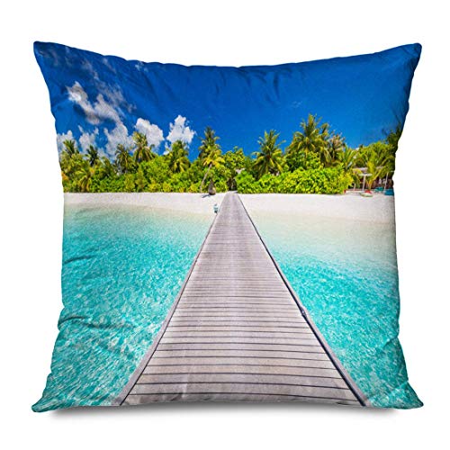 Funda de almohada cuadrada de 45 x 45 cm, color azul, para hotel, costa, playa, relajación de agua, paraíso, bungalows perfecto para viajes, muelle, decoración del hogar