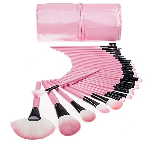 Juego profesional de brochas de maquillaje TopSuper® de madera, kit de maquillaje color rosa (32 unidades)