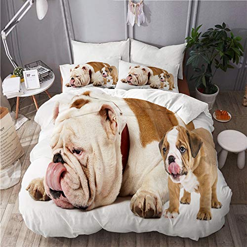 NOLOVVHA Juego de Ropa de Cama con Funda de edredón, de Microfibra, Padre e Hijo Perros - Bulldog inglés Cachorro Lengua lamiendo Nariz,con 2 Fundas de Almohada,240x260