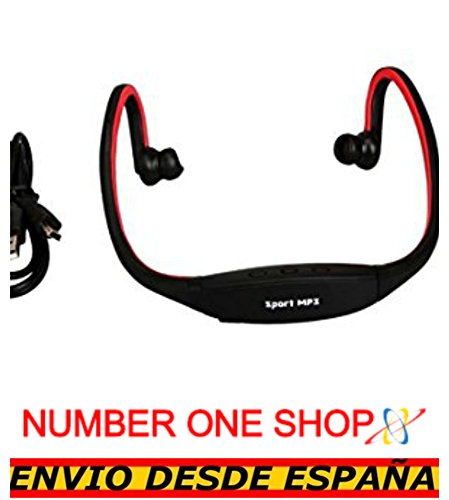 NUMBERONESHOP-Auriculares Reproductor MP3 Deportivos Sin Cables Micro SD USB Radio FM Rojo -Envio Desde Espana