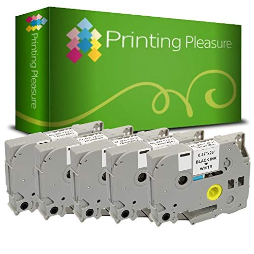 Printing Pleasure 5 x TZe-231 TZ-231 Negro sobre Blanco Cinta de Etiquetas Compatible con Brother P-Touch | 12mm x 8m | laminada estandár