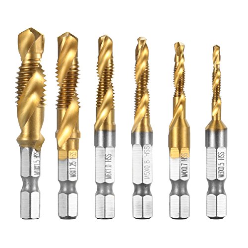 Qibaok 6 piezas brocas para rosca HSS macho de roscar grifo para taladro set de hexagonales drills de vástago Perforación  ,1/4 "Vástago HSS Tornillo Manual, Métrico, Tornillos de Taladro