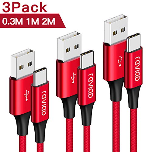 RAVIAD Cable USB Tipo C [3Pack 0.3M 1M 2M] Cargador Tipo C Carga Rápida y Sincronización Cable USB C para Galaxy S10/S9/S8/Note 10/Note 9, Huawei P30/P20/Mate 20, Xiaomi Redmi Note 7, Sony Xperia