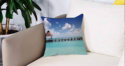 Square Soft and Cozy Pillow Covers,Tropical, paisaje marino Nubes Cielo con pájaros Muelle de madera Lonely Bungalow Tropical Pict,Funda para Decorar Sofá Dormitorio Decoración Funda de almohada.