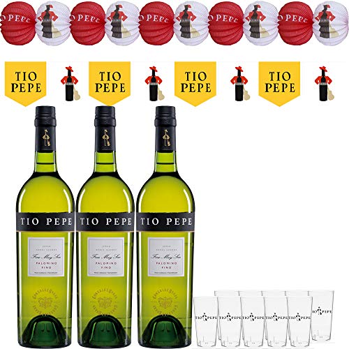 Tio Pepe Pack Feria de 3 Botellas: 750 Ml + 10 Guirnaldas + 10 Farolillos + 10 Vasitos