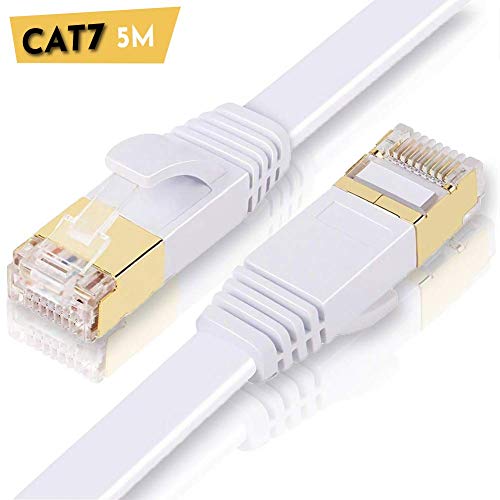ULTRICS Cable Ethernet 5 Metros, RJ45 Cat 7 Plano Alta Velocidad Cordón de Red 10 Gbps, STP Enchufes Enchapados en Oro Línea Internet Compatible con PS4, Xbox, Enrutador, Módem, Interruptor – Blanco