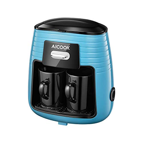 Aicook Cafetera de Goteo, Mini Cafetera Portátil con Diseño Compacto, Cafetera de Filtro con Tecnologia de Preparación Rápida, Equipado con 2 Tazas de Cerámica, Azul