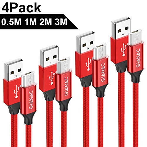 Cable Micro USB, 4 Pack [0.5m+1m+2m+3m] Trenzado de Nylon Cable Carga Rápida y Sincronizació Compatible con Android, Samsung Galaxy S6 S7 J5 J7, Kindle, Sony, Nexus-Rojo
