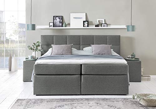 Cama box spring "Bea" de Möbelfreude®: cama de hotel de primera categoría; patrón de acolchado cuadrado; colchón muelles Bonell + colchón de muelles ensacados con 7 zonas, cubrecolchón VISCOELÁSTICO incl.; cama tapizada americana (Gris claro H2/H3, 180_x_