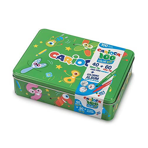 CARIOCA BOX | 42736/04 - Caja de Lata Verde con 100 Rotuladores Superlavables con Punta Fina y Maxi y Álbum para Colorear