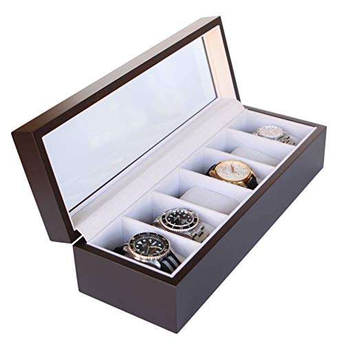 CASE ELEGANCE Caja Organizadora de Relojes de Madera Maciza Color Café Oscuro con Tope de Vidrio Exhibidor Hecho 6 Compartimientos