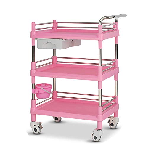 FWTC Carro de Servicio Trolley YXX Trolley de Tratamiento médico de 3 estantes con cajón de ABS y Rueda de Freno, Uso para Equipo Clinic Beauty Salon Hotel Tool Car (Color: Rosa)