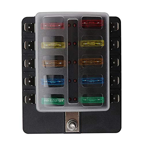 KKmoon Caja de Fusibles 10 Vias Portafusibles con Lampara de Alerta LED Kit para Coche Barco Marino Triciclo 12V 24V