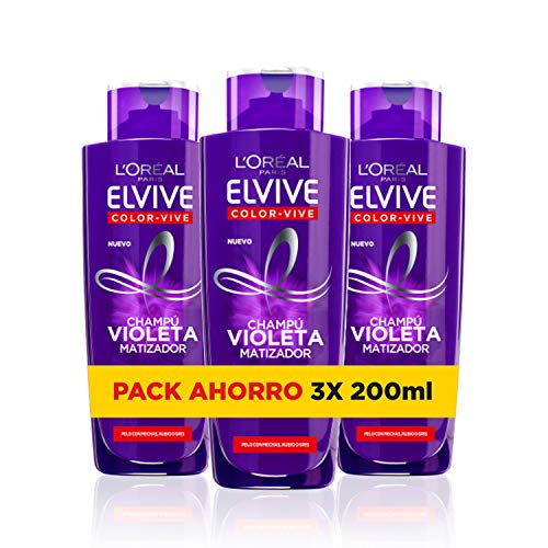 L'Oreal Paris Elvive Color Vive - Champú Violeta Matizador para Pelo Teñido, Rubio, Decolorado o Gris - Pack Ahorro de 3 Unidades x 200 ml, Total: 600 ml