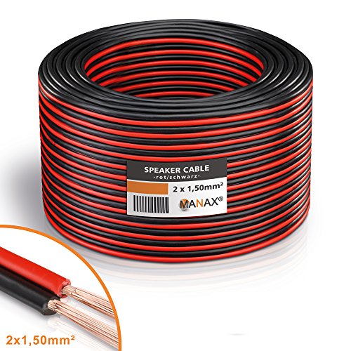 Manax – Cable de Altavoz Rojo/Negro 2 x 1,5 mm², 30 m Anillo