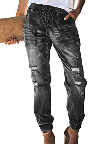 ORANDESIGNE Mujer Vaqueros Casuales Pantalones Elásticos de Cintura Alta Straight Denim Pantalones Jeans de Mujer B Negro L