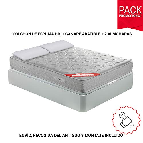 PIKOLIN Pack Colchón viscoelástico Espuma HR 150x190, canapé Base abatible Blanco con Dos Almohadas de Fibra