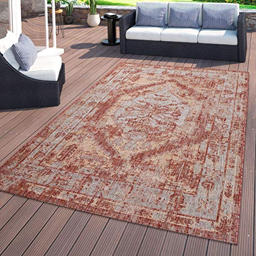 TT Home Alfombra de Interior y Exterior, para el balcón, con diseño Oriental, En Rojo, Größe:160x220 cm