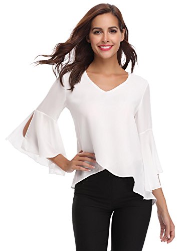 Abollria Camisa de Gasa para Mujer 3/4 Mangas Elegante Blusa Chiffon Cuello V Ligera Mangas Acampanadas Primavera Verano Otoño, Blanco, L