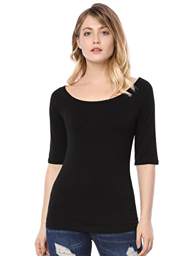 Allegra K Camiseta para Mujer Medias Mangas con Cuello Redondo Ajustado Negro S