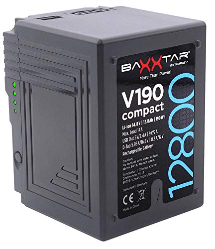 Baxxtar Pro Batería V-Mount - V190 Compact II (12800mAh 190Wh) - D-Tap y USB out - Compatible con ARRI - Blackmagic (BMCC) - JVC - Panasonic - Sony Camcorder - Video Light