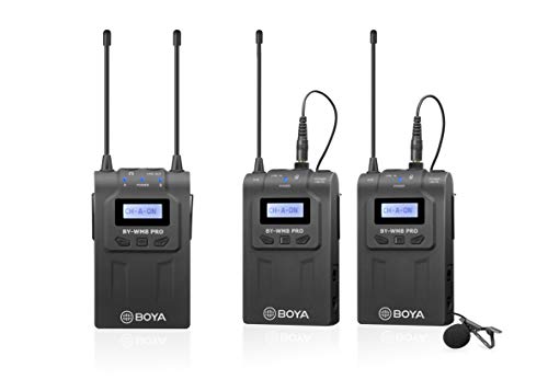 Boya UHF Sistema de micrófono inalámbrico Lavalier con transmisores inalámbricos y receptor,compatible con cámaras Canon,Nikon,Sony,DSLR y XLR,de iPhone,ideal de Inteview,grabación de vídeo,vlogging