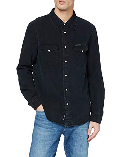 Calvin Klein Modern Western Shirt Camisa con Botones, Ca082 Blue Black, M para Hombre