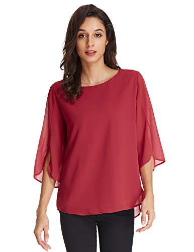 Camisa de Mujer Elegante Blusa Gasa 3/4 Blusa de Manga Camisa de Color Puro Top Rojo 2XL CLAF15-4