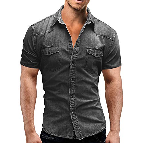 Jinyuan Camisa De Hombre De Moda Camisa De Mezclilla con BotóN Delgado para Hombre Casual Camisa De Manga Corta para Hombre con Bolsillos Gris Claro M