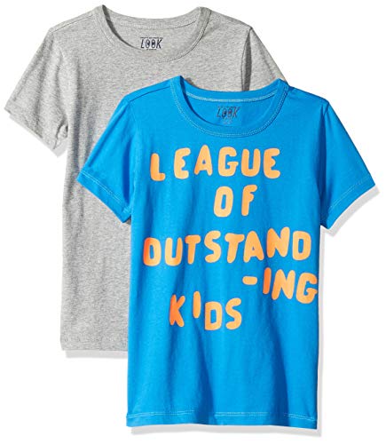 LOOK by Crewcuts - Camiseta de manga corta para niño, estampado/liso (2 unidades), Grey/Blue League of Outstanding Kids, 12