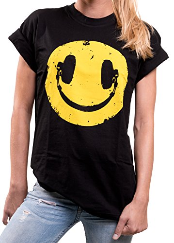 MAKAYA Oversize Hip Hop Top Manga Corta - Sonrisa Auriculares - Camiseta Hipster Smile Mujer Negro M