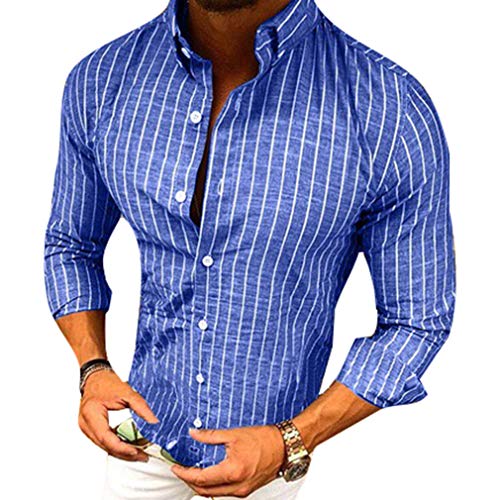 MEIHAOWEI Nuevo Camisa de Manga Larga para Hombre Camisas Casuales Vestido de Hombre Poliéster Rayas Slim Fit Camisas para Hombres