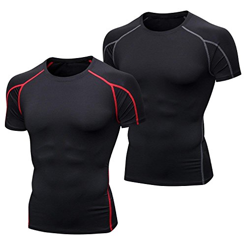 Niksa 2 Piezas Camisetas de Fitness Compresión Ropa Deportiva Manga Corta Hombre para Correr, Ejercicio,Gimnasio Negro Gris+ Negro Rojo 1053(M)