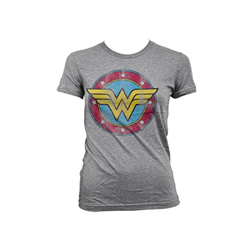 Officially Licensed Merchandise Wonder Woman Distressed Logo Girly Tee (H.Grey), Medium