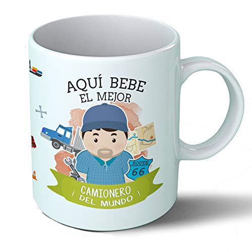 Planetacase Taza Desayuno Aquí Bebe el Mejor Camionero del Mundo Regalo Original Ceramica 330 mL