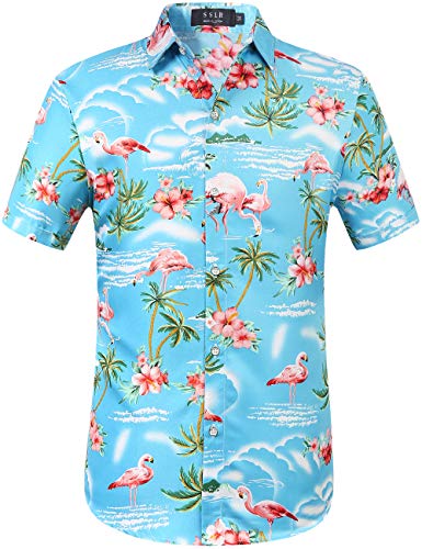 SSLR Camisa Manga Corta con Estampado de Flamencos y Flores Estilo Hawaiana de Hombre (Large, Azul)