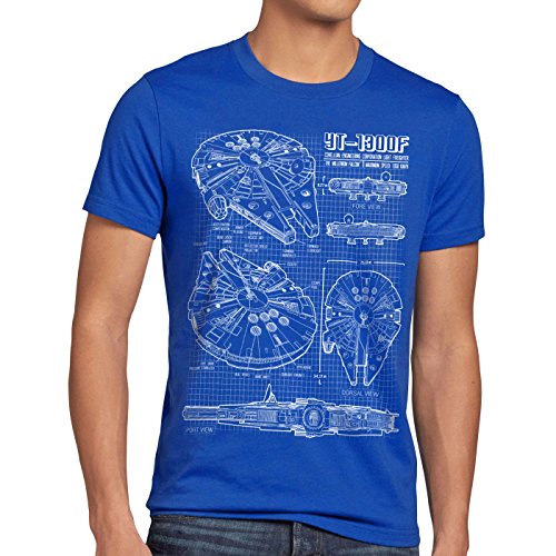 style3 Halcón Milenario Cianotipo Camiseta para Hombre T-Shirt Fotocalco Azul, Talla:M;Color:Azul