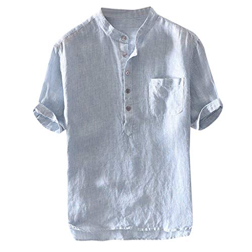 TUDUZ Camisetas Hombre Manga Corta Camisas de Algodón y Lino a Rayas Botón con Bolsillo Superior Top Ropa de Cuello V (Azul L)