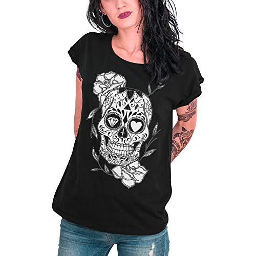 VIENTO Mexican Skull Camiseta para Mujer (Negro, M)