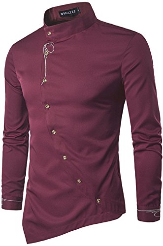 WHATLEES Mens Largo Manga Extra Larga Bordado Dise?o Partido Club BOT¨®n Abajo Vestido Camisa B404-Red-XXL