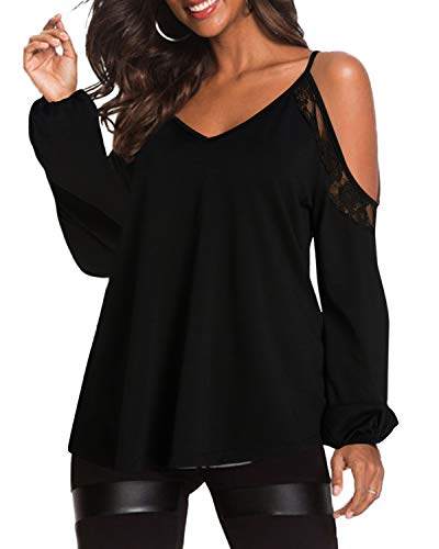 YOINS Mujer Camiseta de Manga Larga Camisas de Hombro Frío Camisetas para Mujer Elegante Blusa Casual Fiesta Tops Negro-02 XXL