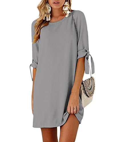 Yoins - Vestido de mujer para invierno, cuello redondo, vestido de novia, manga larga, minivestido, camiseta larga, túnica suelta con lazo en las mangas Color gris. M