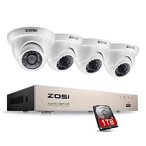 ZOSI Sistema de Seguridad 1080P CCTV Kit de Cámara Vigilancia 8CH 2MP Grabador DVR + (4) Cámara Exterior en Domo + 1TB Disco Duro, Acceso Remoto, Detección de Movimiento