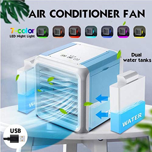 Alarmclocker8B Mini Aire Acondicionado portátil 7 Colores Aire Acondicionado humidificador purificador USB Ventilador de sobremesa con 2 Tanques de Agua