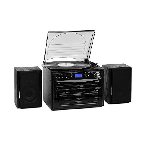 auna 388-DAB+ Equipo estéreo - Reproductor de vinilos , CD , Casetes , Bluetooth , Radio FM y Dab+ , Compatible MP3 , Display LCD , Conexiones USB SD, Grabación en casetes , Mando a Distancia , Negro